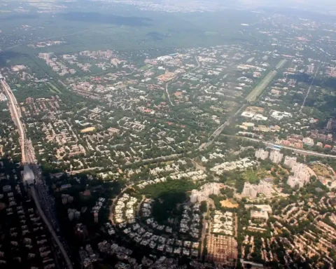 Aerial view of Delhi showing dense urban spread near the Southern Ridge area