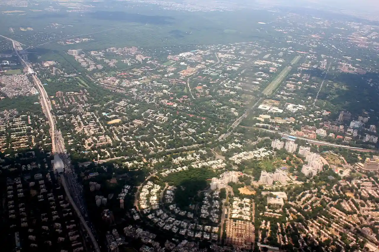 Aerial view of Delhi showing dense urban spread near the Southern Ridge area