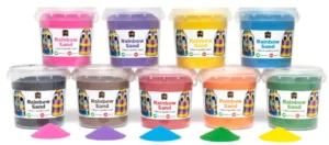 Recalled EC Rainbow Sand containers displayed in the ACCC safety notice following confirmed detection of tremolite asbestos in certain batches sold in Australia.