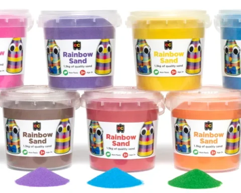 Recalled EC Rainbow Sand containers displayed in the ACCC safety notice following confirmed detection of tremolite asbestos in certain batches sold in Australia.