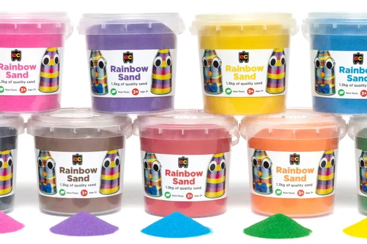 Recalled EC Rainbow Sand containers displayed in the ACCC safety notice following confirmed detection of tremolite asbestos in certain batches sold in Australia.