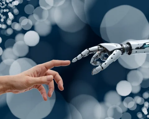 Human hand reaching toward a robotic hand symbolizing collaboration in next-generation industrial automation and software-defined control systems.