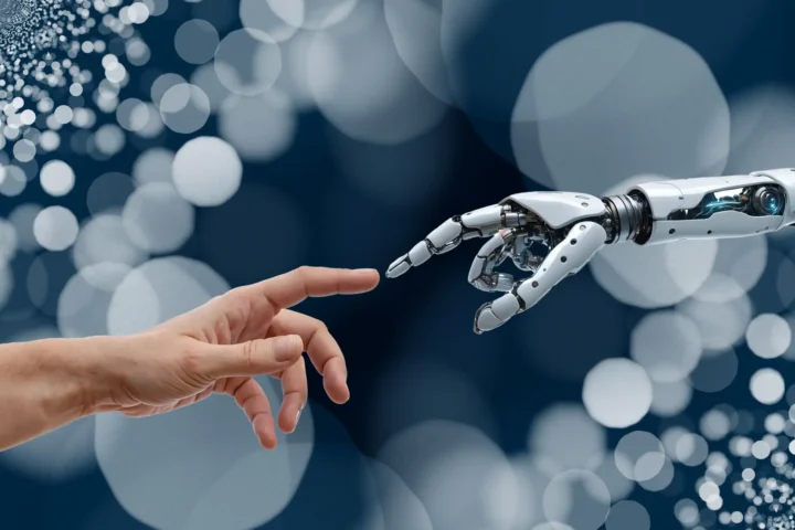 Human hand reaching toward a robotic hand symbolizing collaboration in next-generation industrial automation and software-defined control systems.