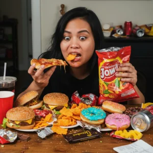 Hyperrealistic illustration showing colourful ultra-processed food packages lined on shelves, representing how UPFs occupy significant space in modern diets and public-health debates.