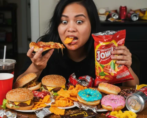 Hyperrealistic illustration showing colourful ultra-processed food packages lined on shelves, representing how UPFs occupy significant space in modern diets and public-health debates.