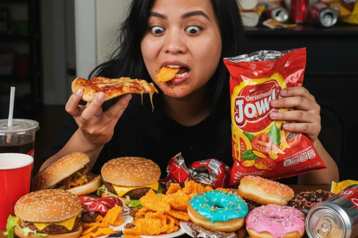 Hyperrealistic illustration showing colourful ultra-processed food packages lined on shelves, representing how UPFs occupy significant space in modern diets and public-health debates.