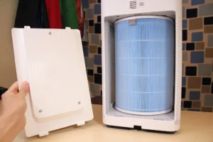 Xiaomi Smart Air Purifier 2S cylindrical filter displayed on a wooden floor, photographed for open-source documentation.