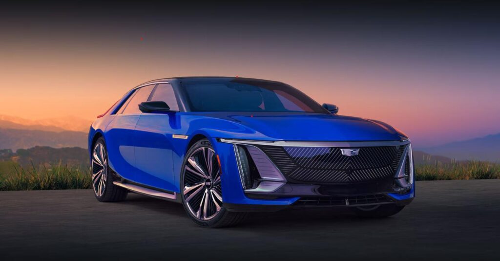 Cadillac Celestiq front three-quarter view near modern architecture at sunset