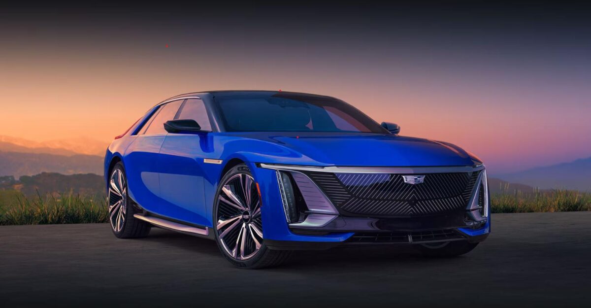 Cadillac Celestiq front three-quarter view near modern architecture at sunset