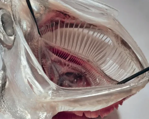 Close-up view of an anchovy gill arch system illustrating layered biological filtration structures used as inspiration for a microplastic washing machine filter.