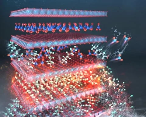 Copper–aluminum layered double hydroxide material used in Rice University PFAS water treatment research, featured on the cover of Advanced Materials.