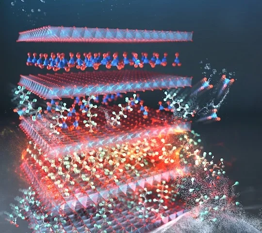 Copper–aluminum layered double hydroxide material used in Rice University PFAS water treatment research, featured on the cover of Advanced Materials.