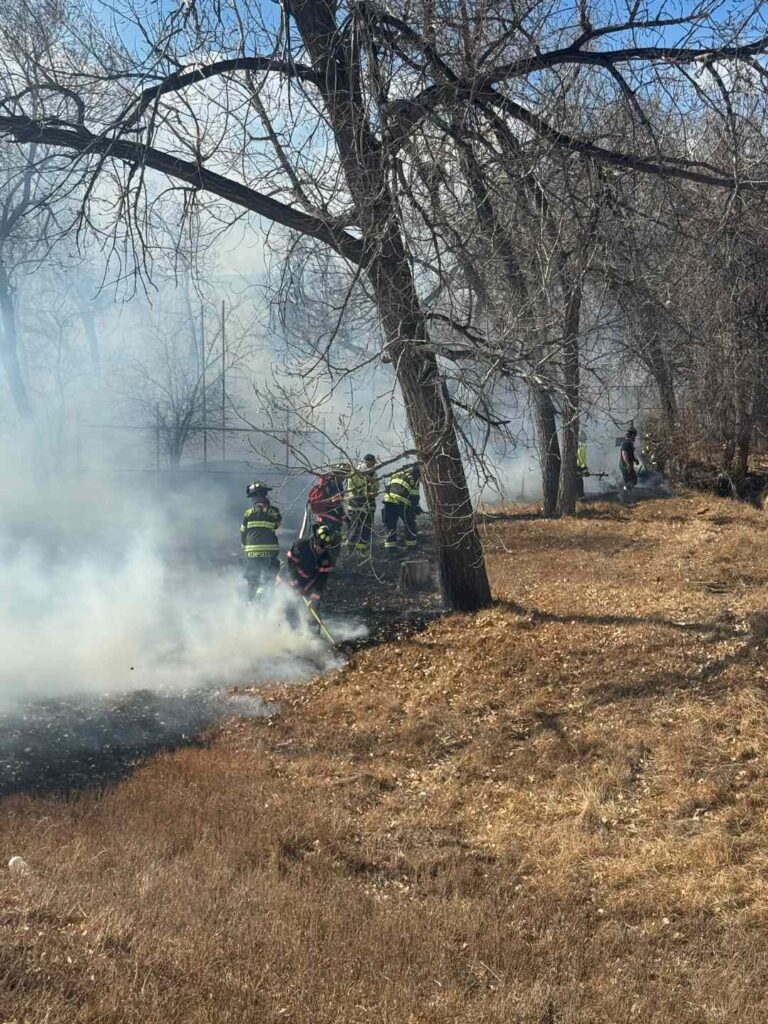 Firefighters extinguishing smoldering grass and brush under trees in a greenbelt near Pinnacle Charter High School in Thornton after a fast-spreading wildfire.