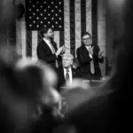 President Donald Trump seated at the podium in the U.S. Capitol chamber with two lawmakers standing behind him applauding, American flag displayed in the background during a joint session of Congress.