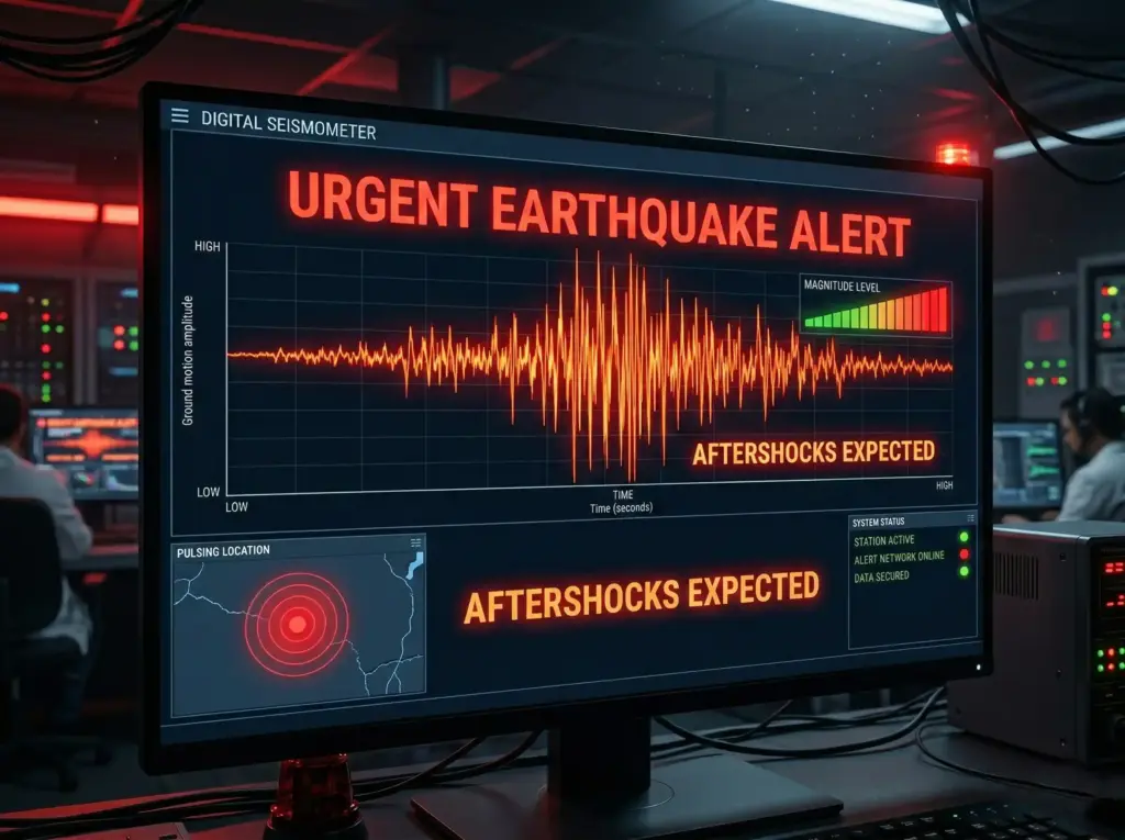Representative digital seismograph screen showing earthquake waves and alert indicators.