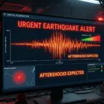 Representative digital seismograph screen showing earthquake waves and alert indicators.