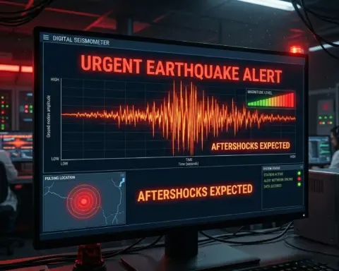 Representative digital seismograph screen showing earthquake waves and alert indicators.
