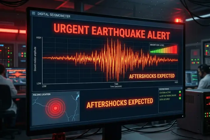 Representative digital seismograph screen showing earthquake waves and alert indicators.