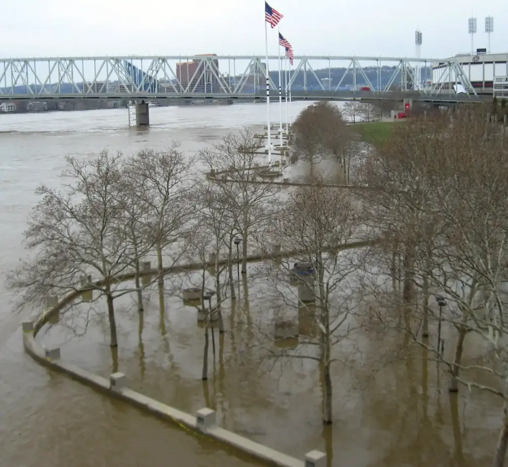 2011 Floodwater covering the Serpentine Wall riverfront promenade and trees at Yeatman’s Cove along the Ohio River in Cincinnati with a bridge and stadium visible in the background.