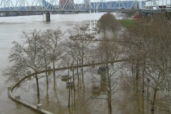 2011 Floodwater covering the Serpentine Wall riverfront promenade and trees at Yeatman’s Cove along the Ohio River in Cincinnati with a bridge and stadium visible in the background.