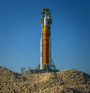 Artemis II Space Launch System rocket and Orion spacecraft on a mobile launcher at Launch Complex 39B at Kennedy Space Center.