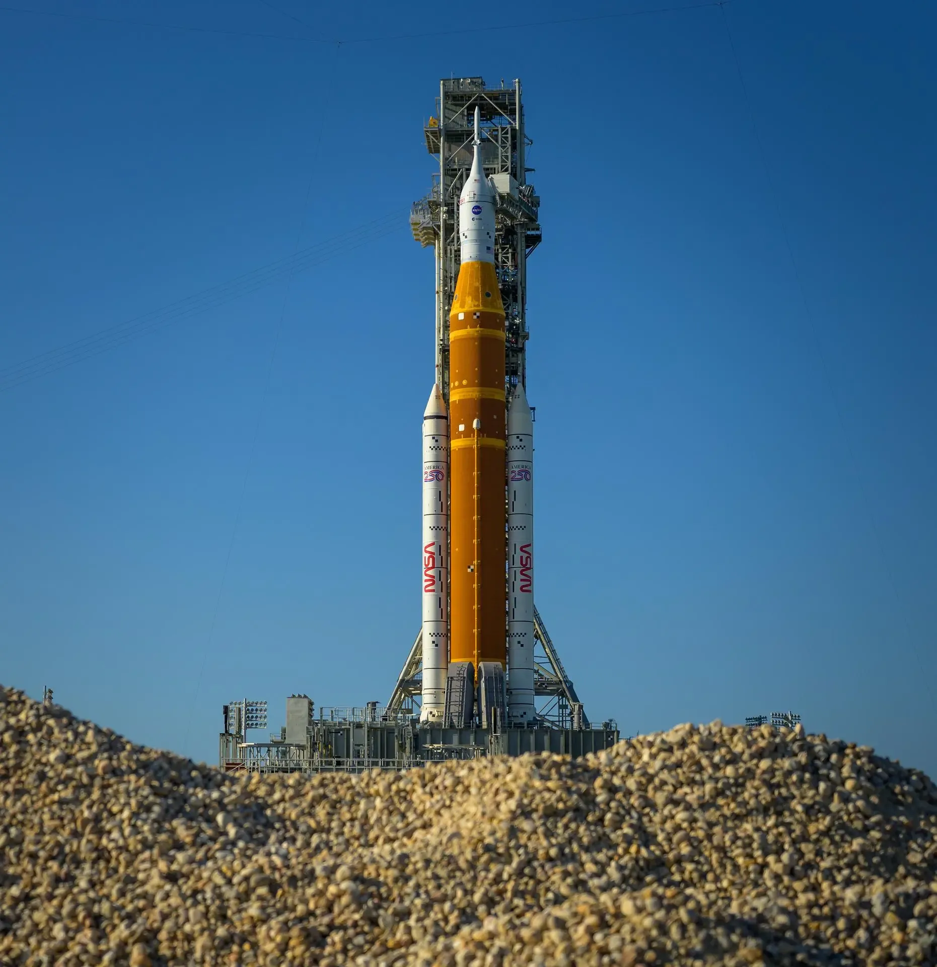 Artemis II Space Launch System rocket and Orion spacecraft on a mobile launcher at Launch Complex 39B at Kennedy Space Center