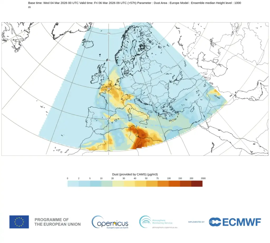 Forecast map from Copernicus CAMS showing Saharan dust plume moving from North Africa across Spain toward the UK with colour scale indicating dust concentration levels.