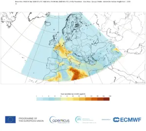 Forecast map from Copernicus CAMS showing Saharan dust plume moving from North Africa across Spain toward the UK with colour scale indicating dust concentration levels.