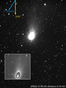 Image of interstellar comet 3I/ATLAS captured by ESA’s JUICE spacecraft JANUS camera on 6 November 2025 showing a bright coma, tail and jets, with arrows indicating the Sun’s direction and the comet’s velocity.