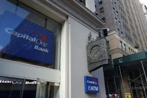 Capital One bank branch at 470 Park Avenue South New York with signage and street view exterior