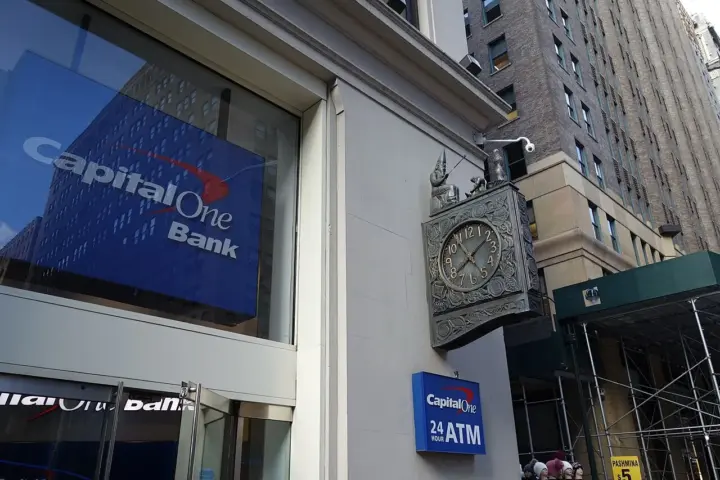 Capital One bank branch at 470 Park Avenue South New York with signage and street view exterior