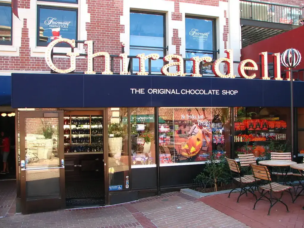 Exterior of Ghirardelli Chocolate Shop at Ghirardelli Square in San Francisco, associated with brand involved in 2026 powdered beverage mix recall