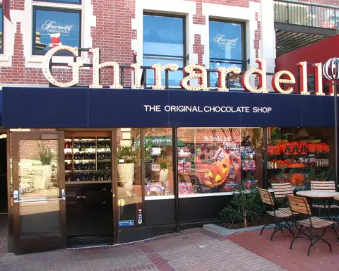 Exterior of Ghirardelli Chocolate Shop at Ghirardelli Square in San Francisco, associated with brand involved in 2026 powdered beverage mix recall