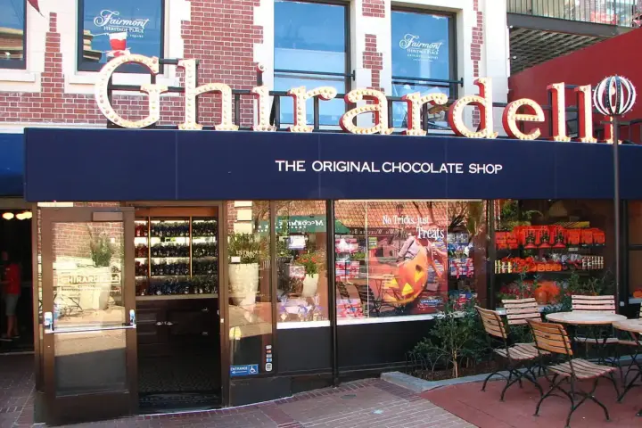 Exterior of Ghirardelli Chocolate Shop at Ghirardelli Square in San Francisco, associated with brand involved in 2026 powdered beverage mix recall