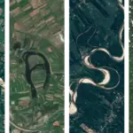 Landsat satellite images showing rivers and landforms shaped like alphabet letters as part of NASA Earth Day visualization