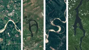 Landsat satellite images showing rivers and landforms shaped like alphabet letters as part of NASA Earth Day visualization