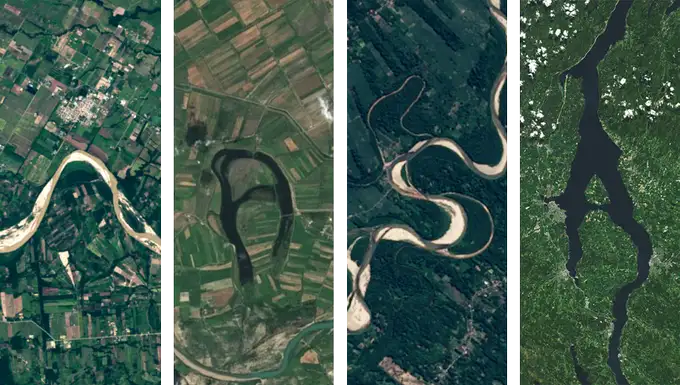 Landsat satellite images showing rivers and landforms shaped like alphabet letters as part of NASA Earth Day visualization