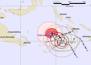 Forecast track map of Tropical Cyclone Maila showing projected movement in the Solomon Sea toward Far North Queensland, issued April 5, 2026 by the Bureau of Meteorology