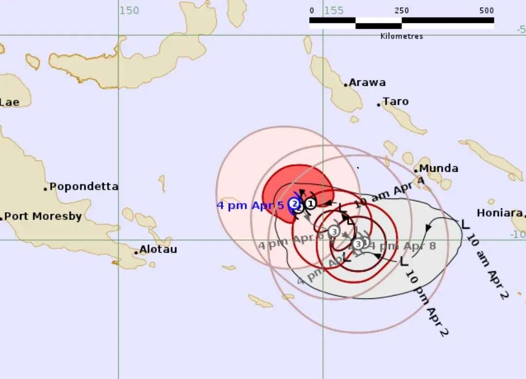 Forecast track map of Tropical Cyclone Maila showing projected movement in the Solomon Sea toward Far North Queensland, issued April 5, 2026 by the Bureau of Meteorology