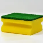 Yellow and green household cleaning sponge photographed against a white background, representing everyday cleaning products linked to microplastic fiber shedding.