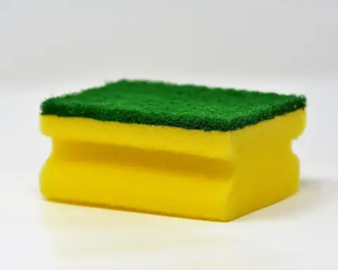 Yellow and green household cleaning sponge photographed against a white background, representing everyday cleaning products linked to microplastic fiber shedding.
