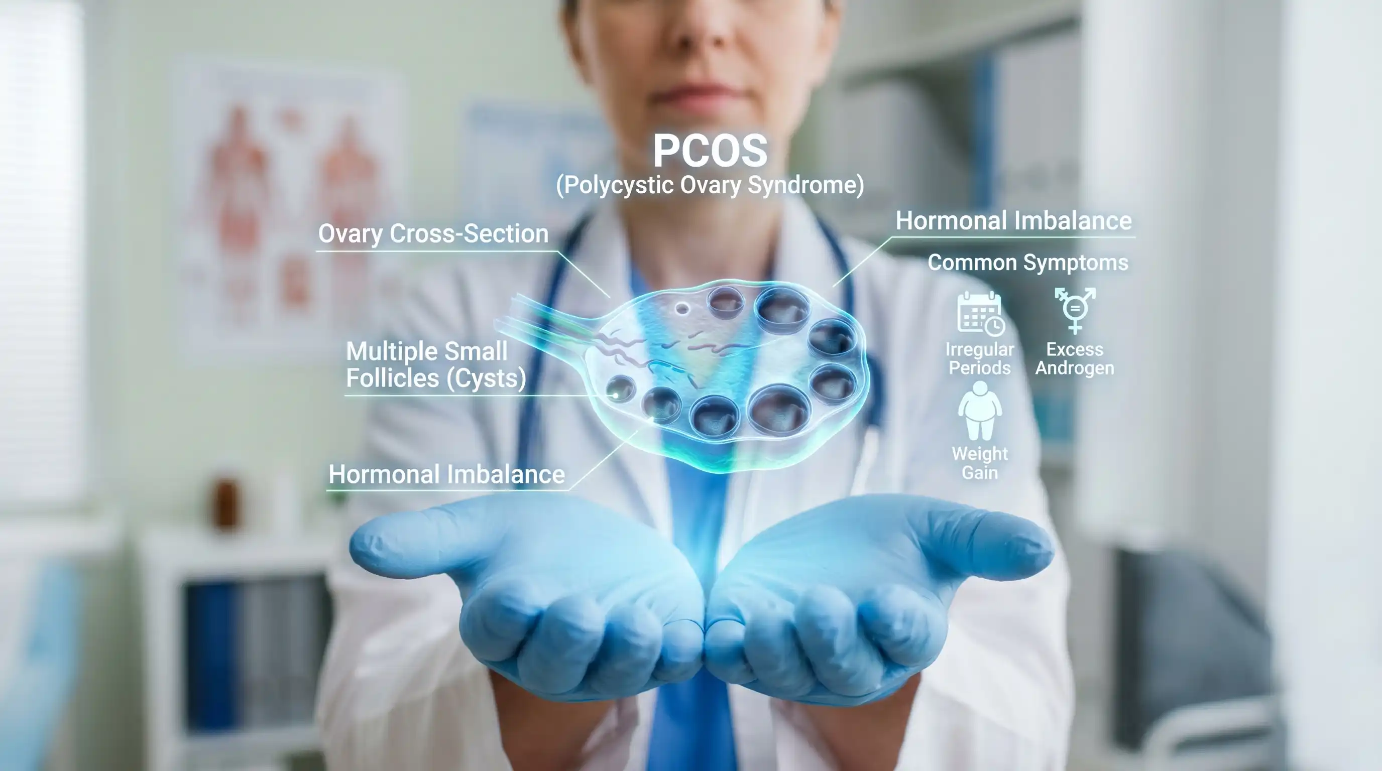 Medical illustration showing polycystic ovary syndrome (PCOS) with ovarian follicles, hormonal imbalance, irregular periods, excess androgen and weight gain symptoms