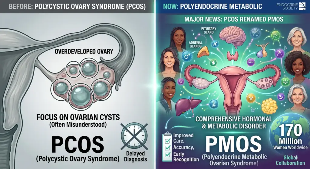 Infographic comparing PCOS and PMOS terminology, showing ovarian cyst focus versus broader hormonal and metabolic disorder explanation with reproductive and endocrine system illustrations