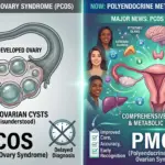 Infographic comparing PCOS and PMOS terminology, showing ovarian cyst focus versus broader hormonal and metabolic disorder explanation with reproductive and endocrine system illustrations