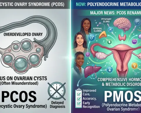 Infographic comparing PCOS and PMOS terminology, showing ovarian cyst focus versus broader hormonal and metabolic disorder explanation with reproductive and endocrine system illustrations
