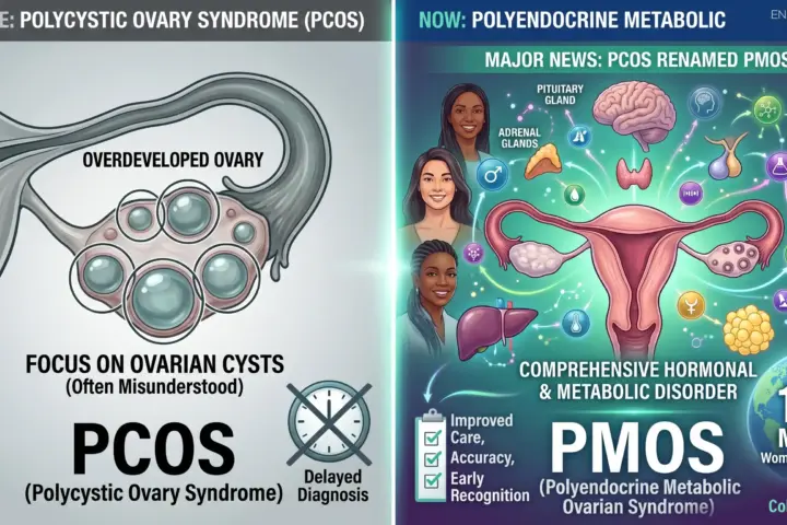 Infographic comparing PCOS and PMOS terminology, showing ovarian cyst focus versus broader hormonal and metabolic disorder explanation with reproductive and endocrine system illustrations