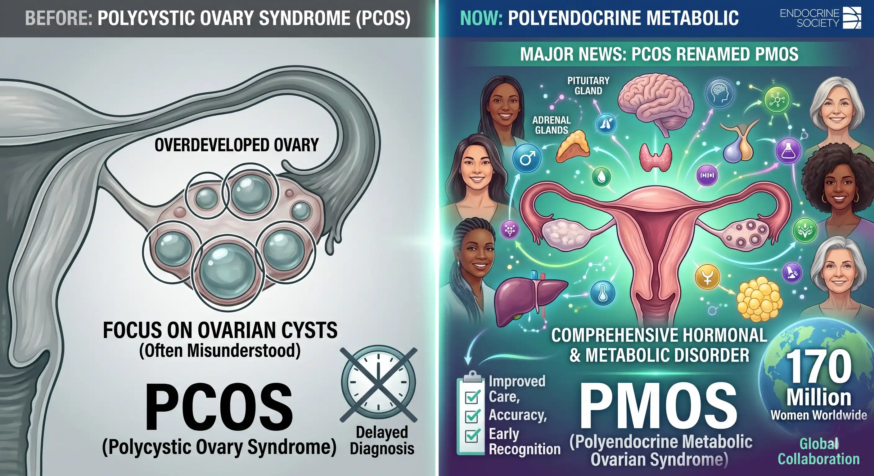 Infographic comparing PCOS and PMOS terminology, showing ovarian cyst focus versus broader hormonal and metabolic disorder explanation with reproductive and endocrine system illustrations
