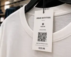 Clothing tag with a QR code and product details attached to a white cotton T-shirt, illustrating a Digital Product Passport concept for product transparency and traceability.
