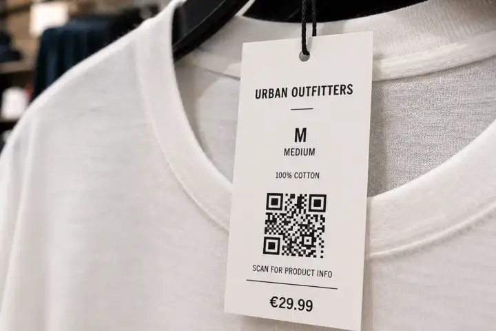 Clothing tag with a QR code and product details attached to a white cotton T-shirt, illustrating a Digital Product Passport concept for product transparency and traceability.