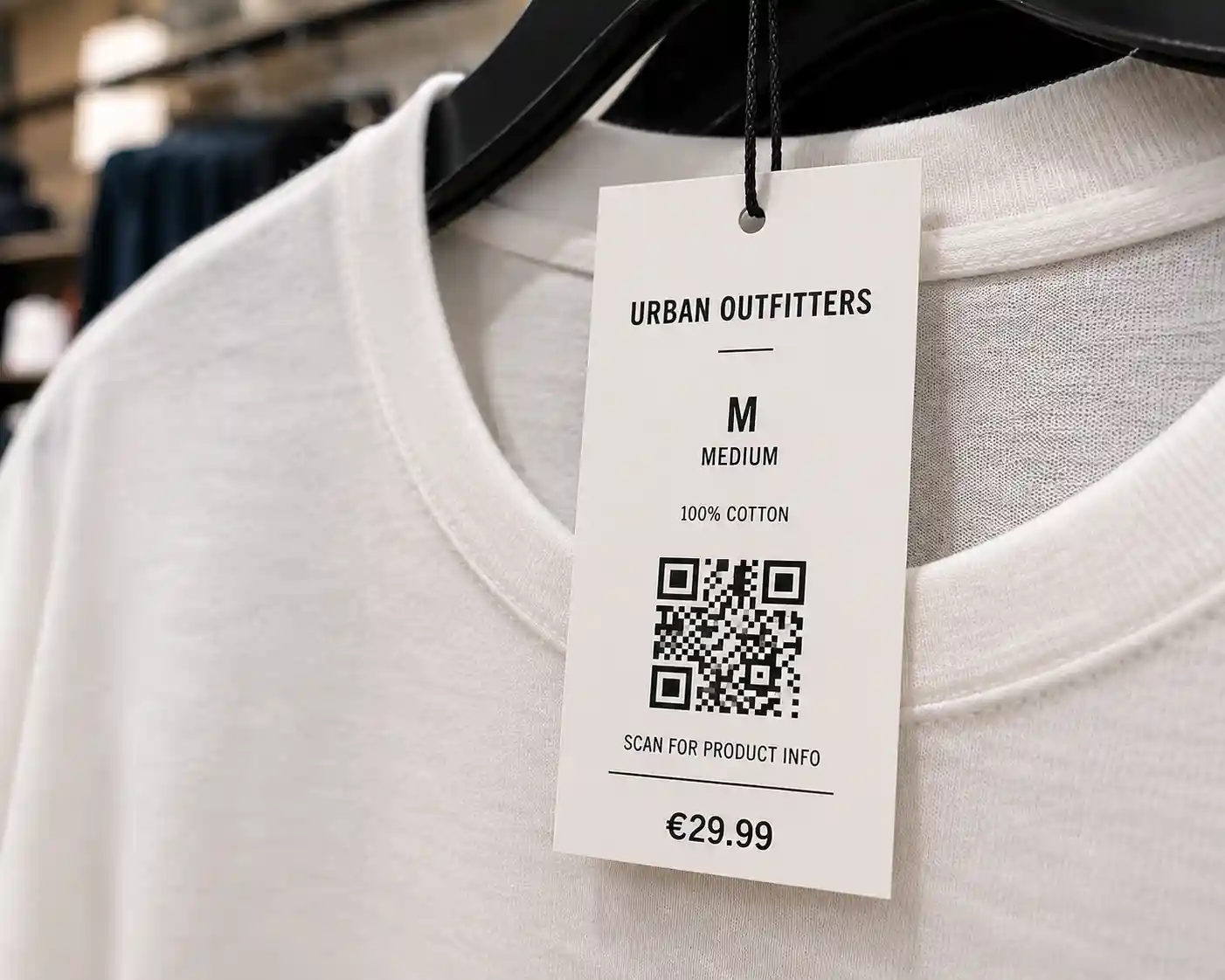 Person scanning a QR code on a clothing label to access EU Digital Product Passport data including material origin, carbon footprint, and repairability score